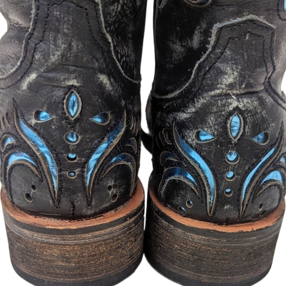 Roper Leather Cutout Western Boots Womens 7 Cowboy Distress Black Blue Metallic - Picture 8 of 13